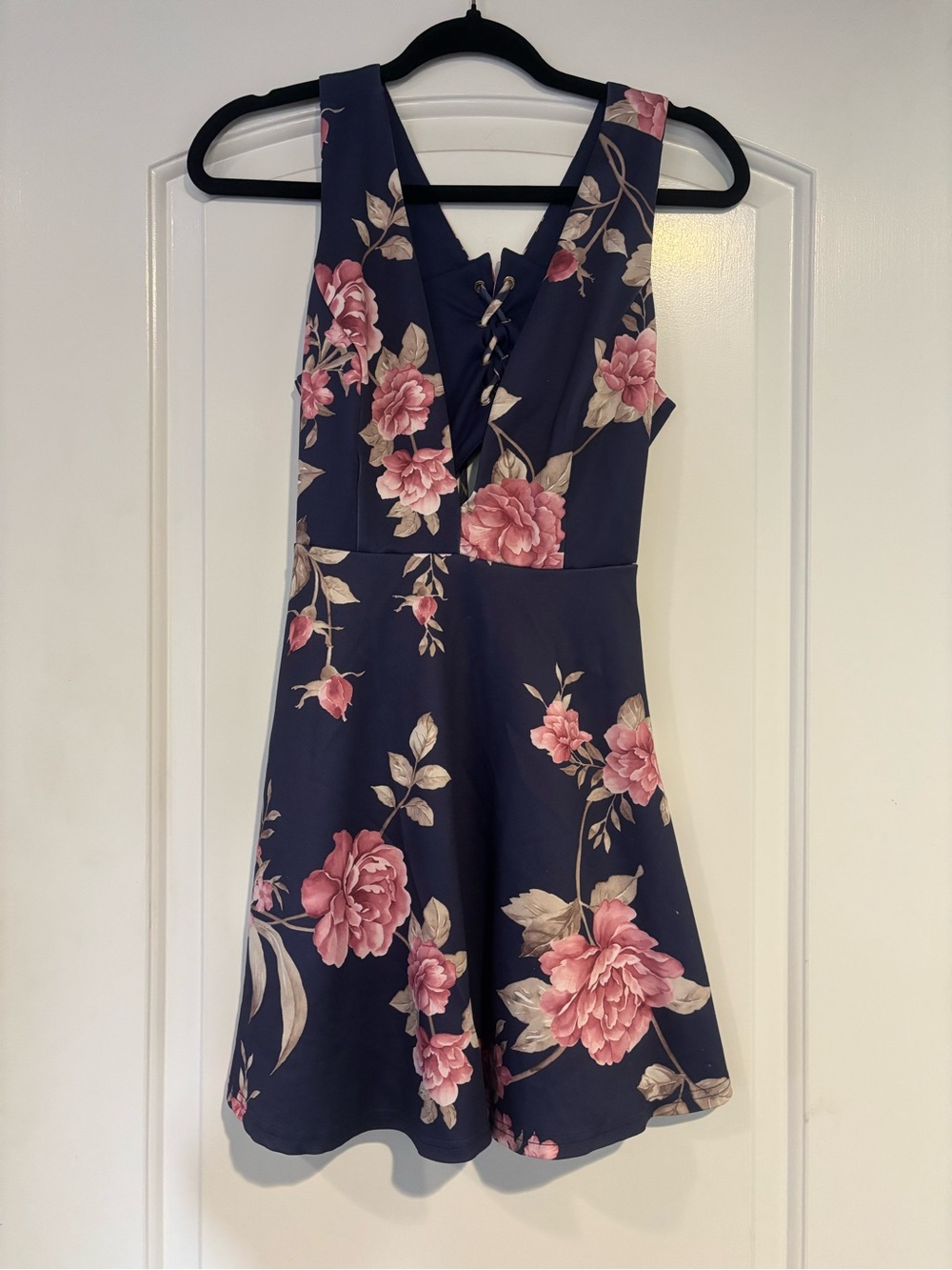 Floral V-Neck A-Line Dress in Navy with Pink Blossoms